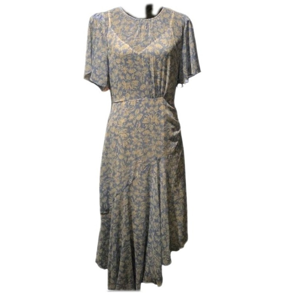 ASTR The‎ Label Blue Floral Midi Dress Size L Flutter Sleeve Asymmetrical Hem